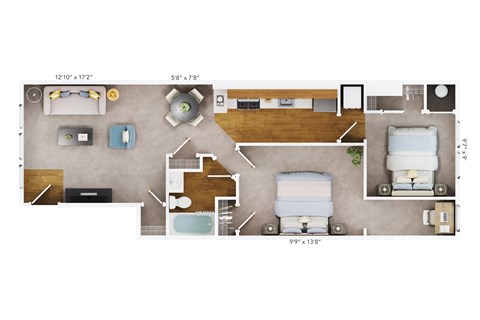 Floor plan for 2 beds, 1 bath, 746 sqft